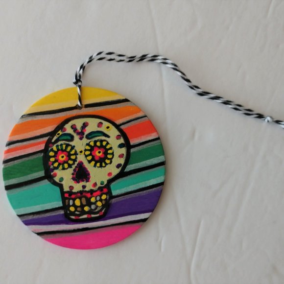 Handmade Ornament with Hand Painted Sugar Skull and Stripes For Dia De Muertos - Picture 14 of 16